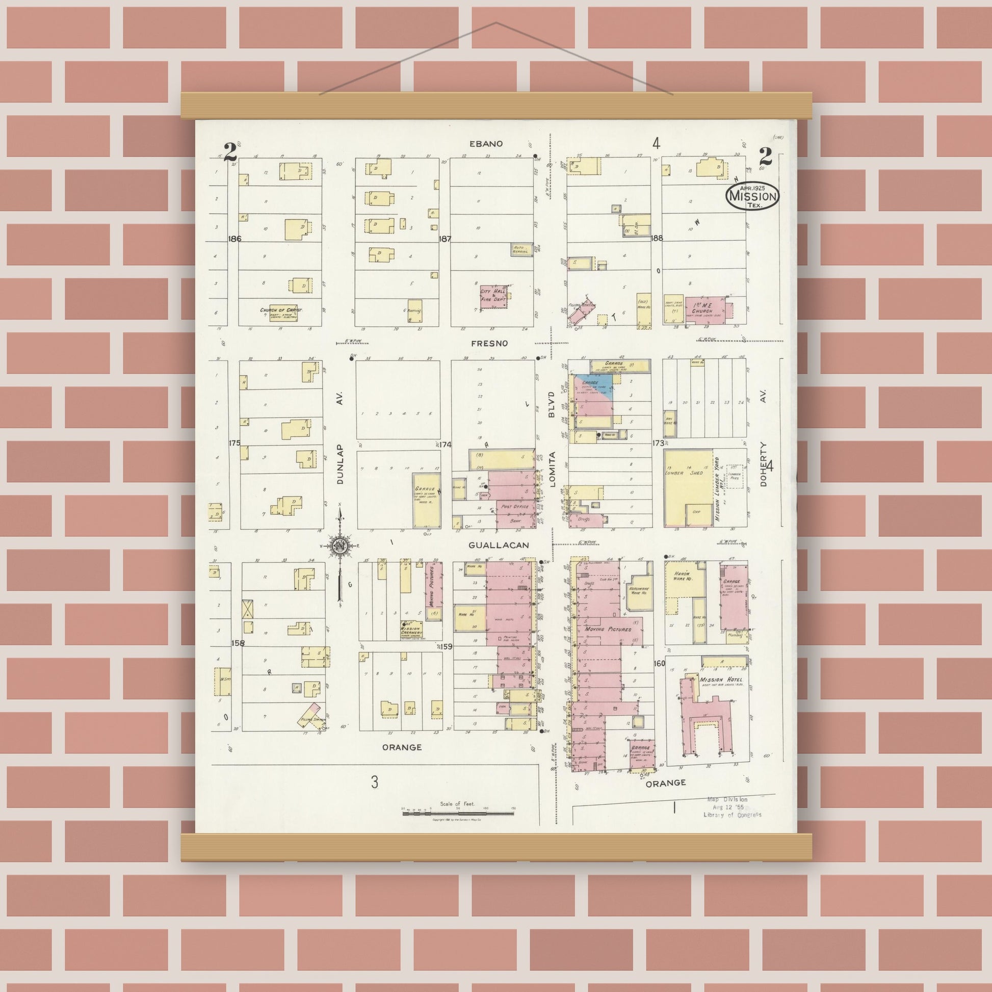 Old map wall art mockup — magnetic wood frame on brick wall — Sanborn Fire Insurance Map from Mission, Hidalgo County, Texas (1925), Sheet #0002