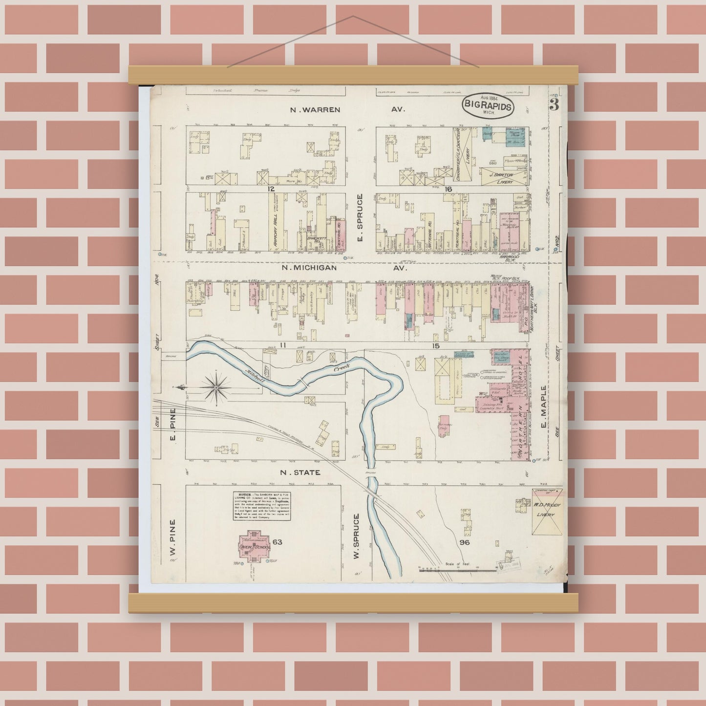 Old map wall art mockup — magnetic wood frame on brick wall — Sanborn Fire Insurance Map from Big Rapids, Mecosta County, Michigan (1884), Sheet #0003