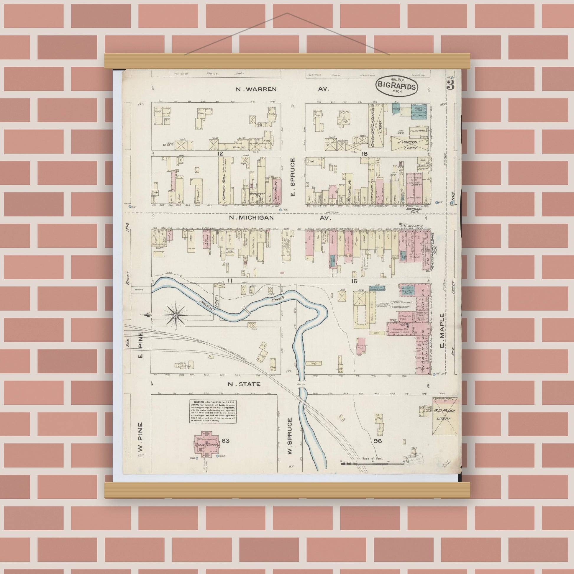 Old map wall art mockup — magnetic wood frame on brick wall — Sanborn Fire Insurance Map from Big Rapids, Mecosta County, Michigan (1884), Sheet #0003