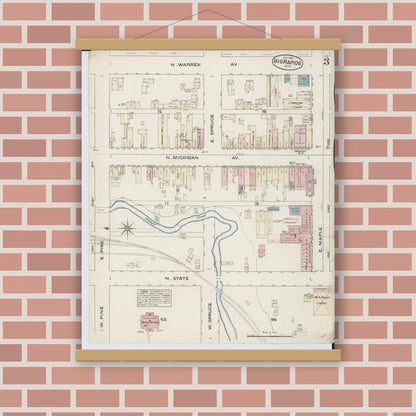 Old map wall art mockup — magnetic wood frame on brick wall — Sanborn Fire Insurance Map from Big Rapids, Mecosta County, Michigan (1884), Sheet #0003