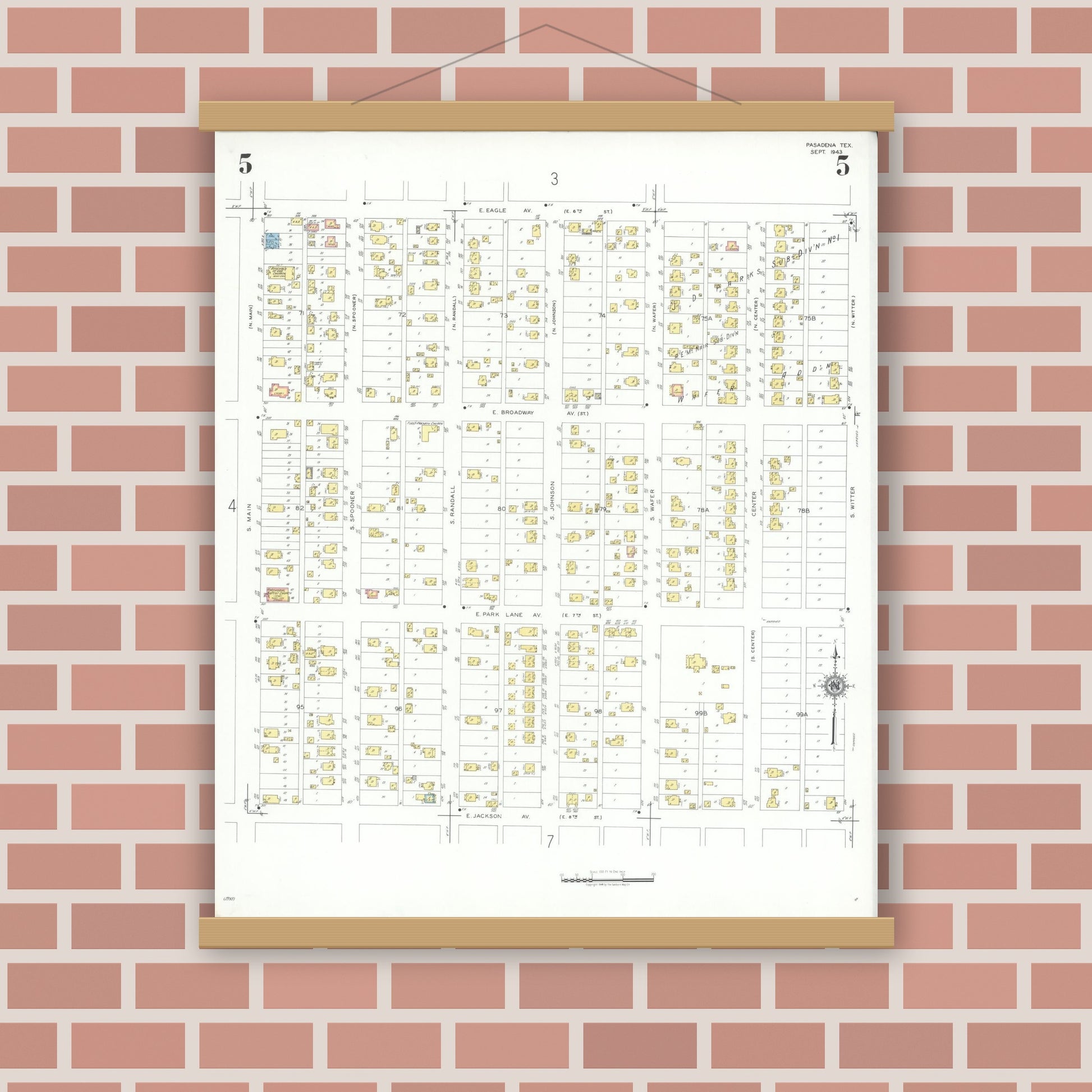 Old map wall art mockup — magnetic wood frame on brick wall — Sanborn Fire Insurance Map from Pasadena, Harris County, Texas (1943), Sheet #0005