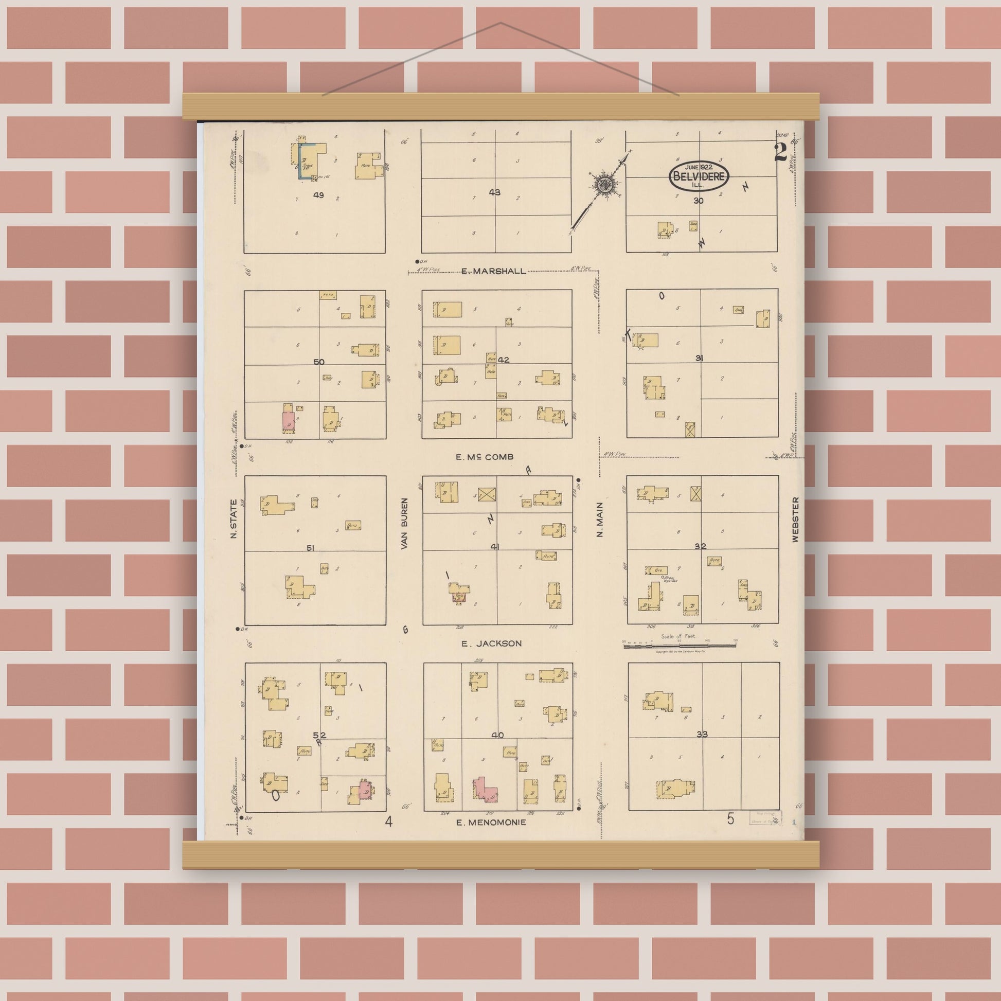 Old map wall art mockup — magnetic wood frame on brick wall — Sanborn Fire Insurance Map from Belvidere, Boone County, Illinois (1922), Sheet #0002