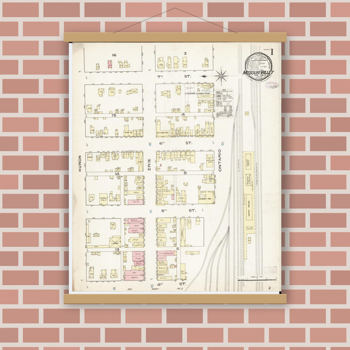 Old map wall art mockup — magnetic wood frame on brick wall — Sanborn Fire Insurance Map from Missouri Valley, Harrison County, Iowa (1886) â€” Complete Set