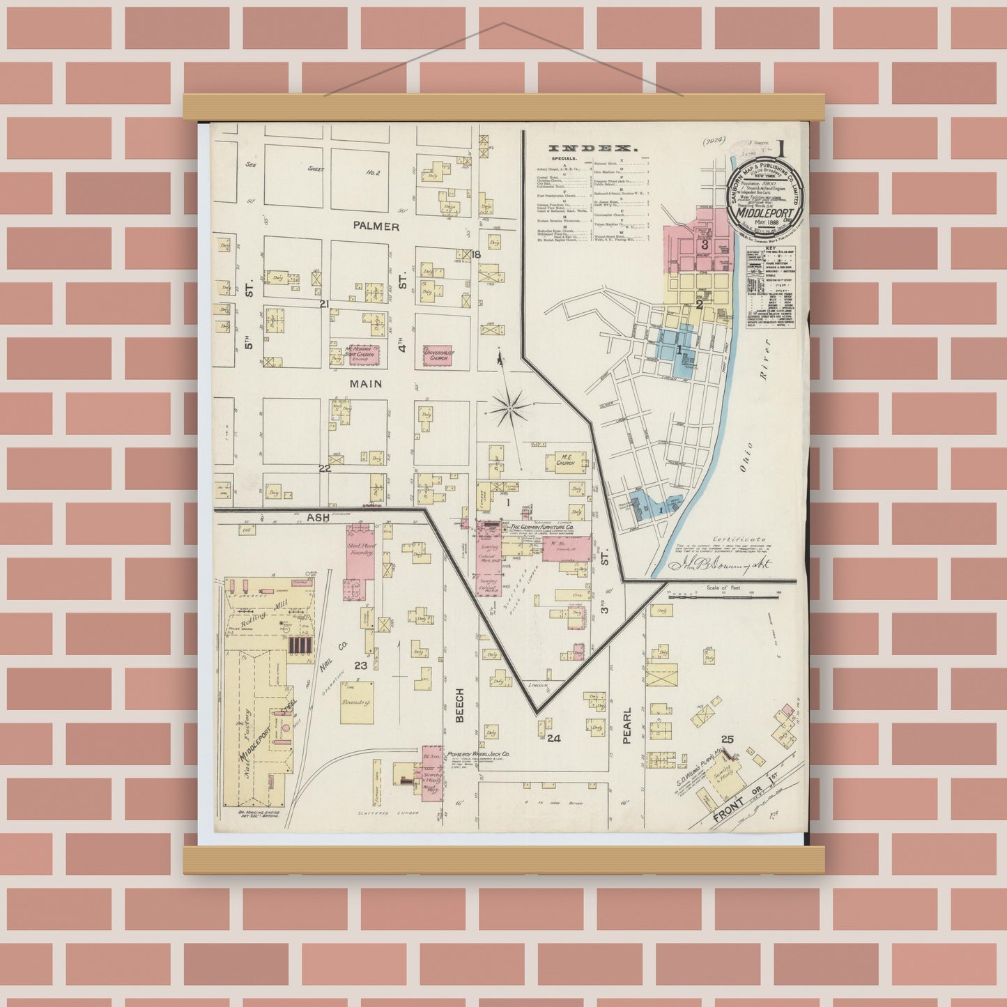Old map wall art mockup — magnetic wood frame on brick wall — Sanborn Fire Insurance Map from Middleport, Meigs County, Ohio (1888), Sheet #0001