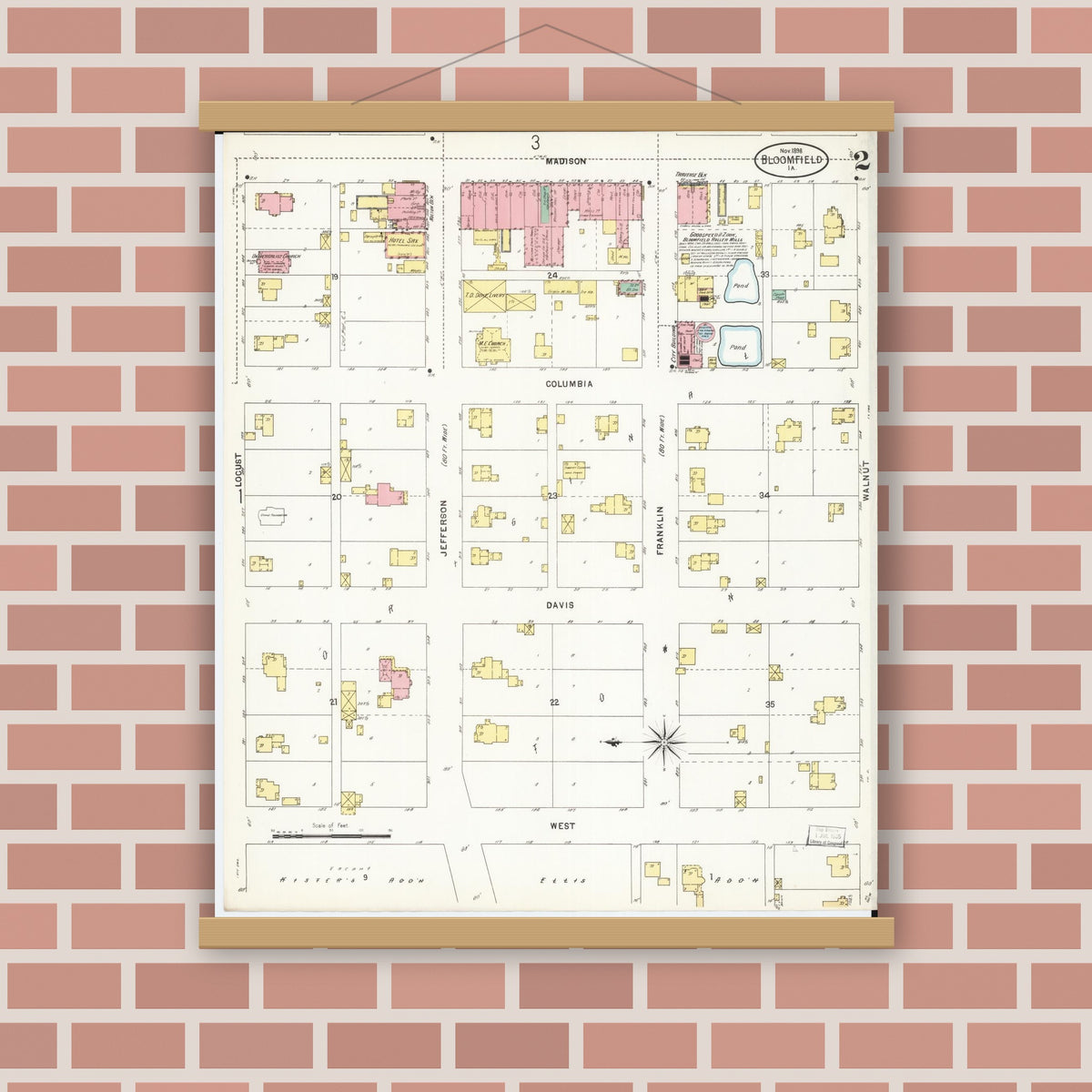 Old map wall art mockup — magnetic wood frame on brick wall — Sanborn Fire Insurance Map from Bloomfield, Davis County, Iowa (1898), Sheet #0002