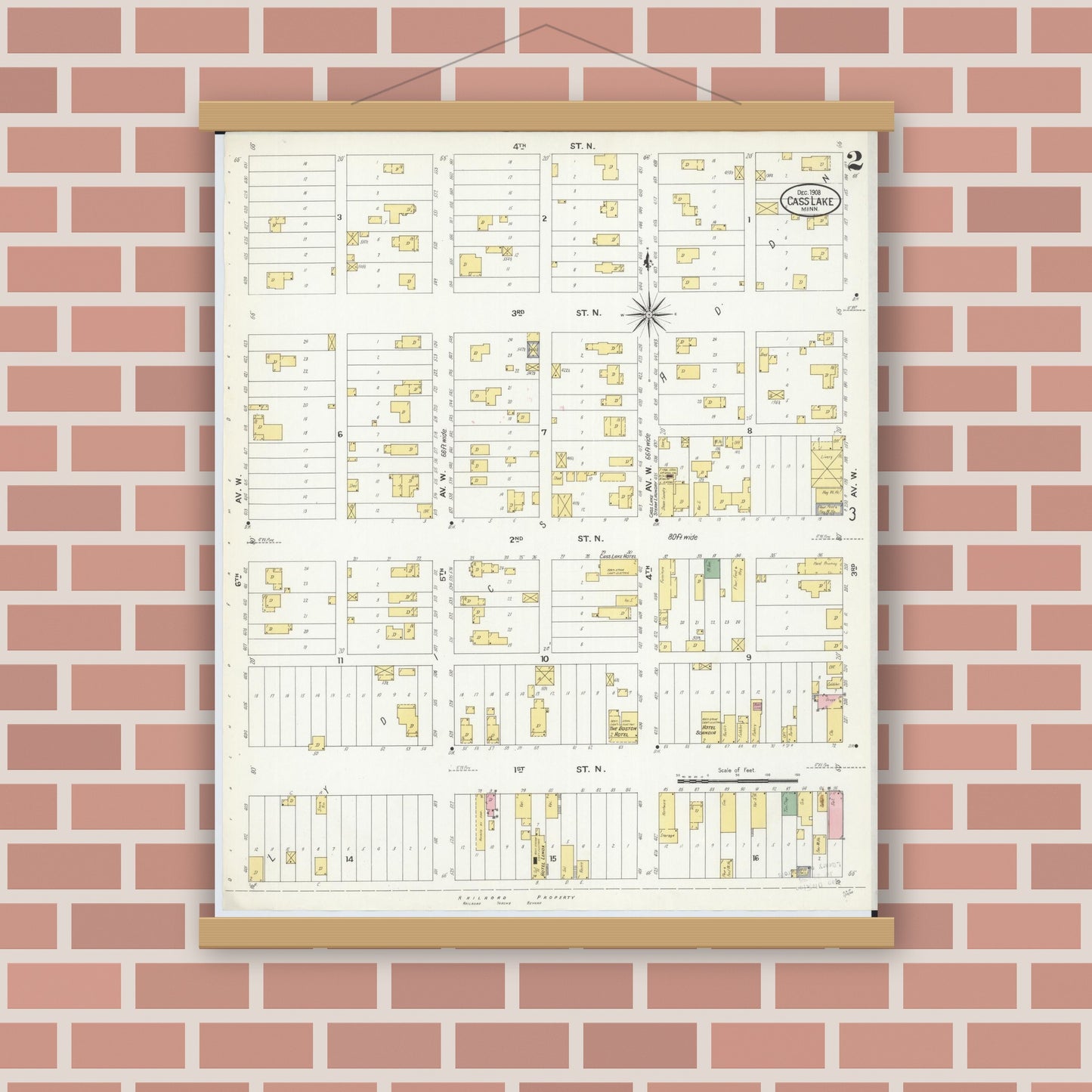 Old map wall art mockup — magnetic wood frame on brick wall — Sanborn Fire Insurance Map from Cass Lake, Cass County, Minnesota (1908), Sheet #0002