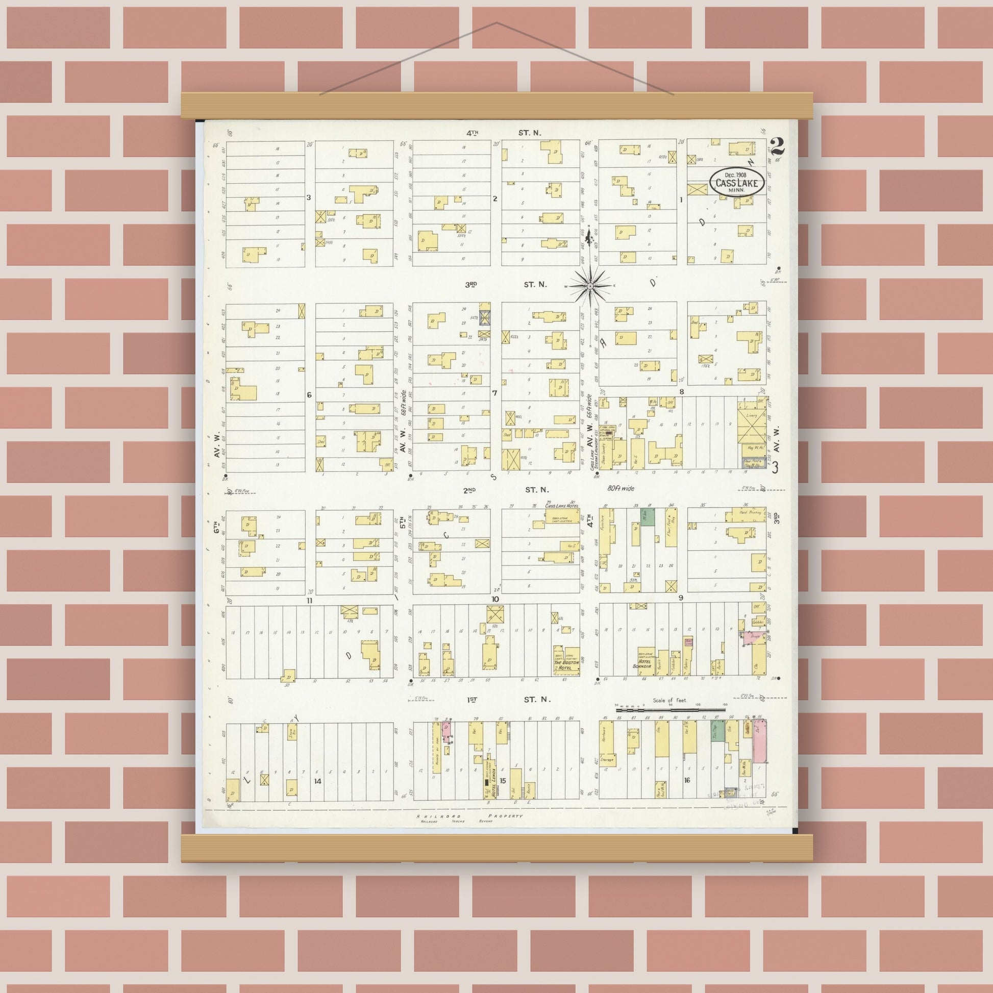 Old map wall art mockup — magnetic wood frame on brick wall — Sanborn Fire Insurance Map from Cass Lake, Cass County, Minnesota (1908), Sheet #0002