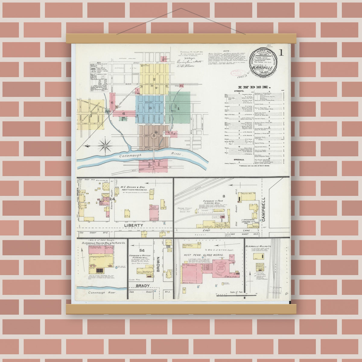 Old map wall art mockup — magnetic wood frame on brick wall — Sanborn Fire Insurance Map from Blairsville, Indiana County, Pennsylvania (1892) - Complete Map Set