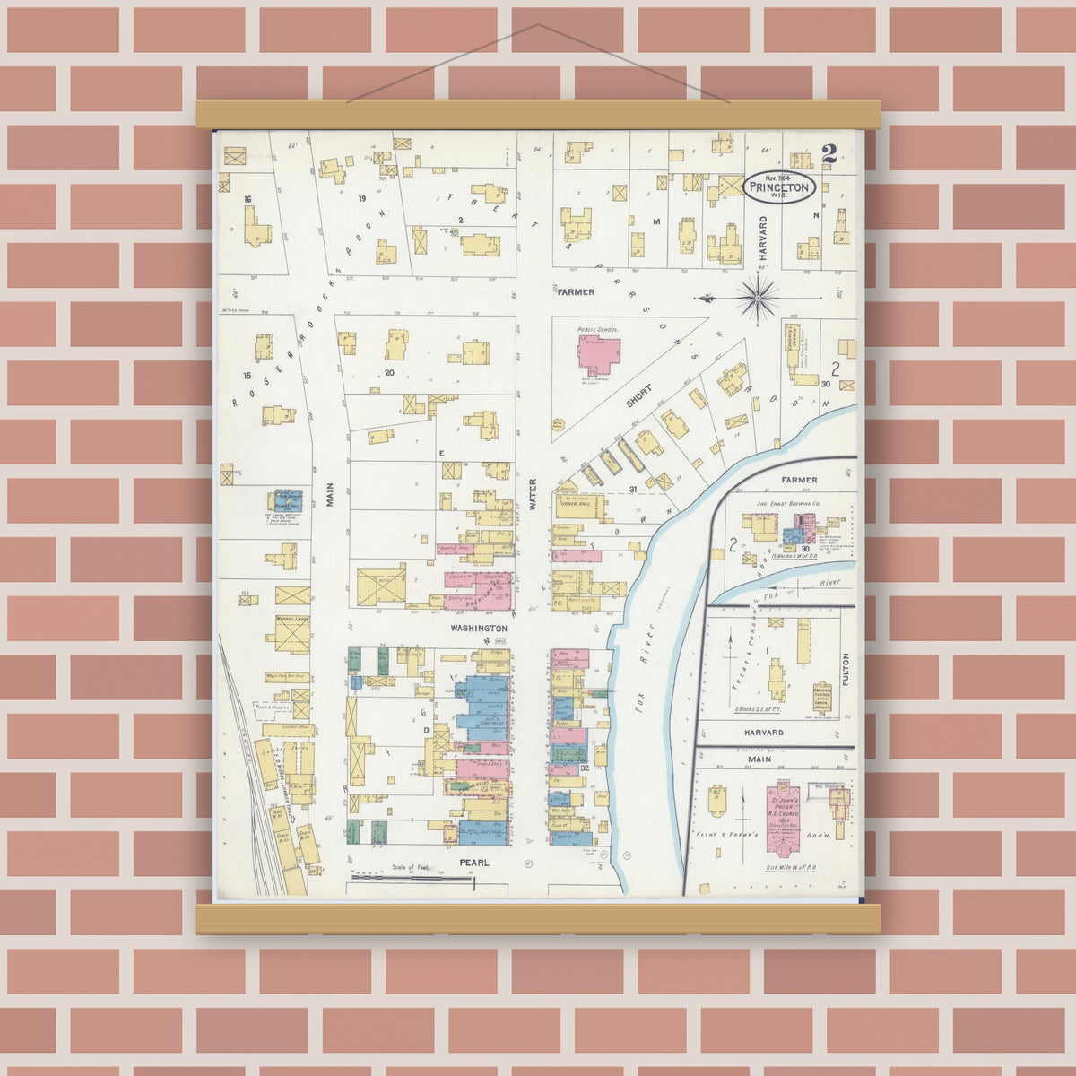 Old map wall art mockup — magnetic wood frame on brick wall — Sanborn Fire Insurance Map from Princeton, Green Lake County, Wisconsin (1904), Sheet #0002