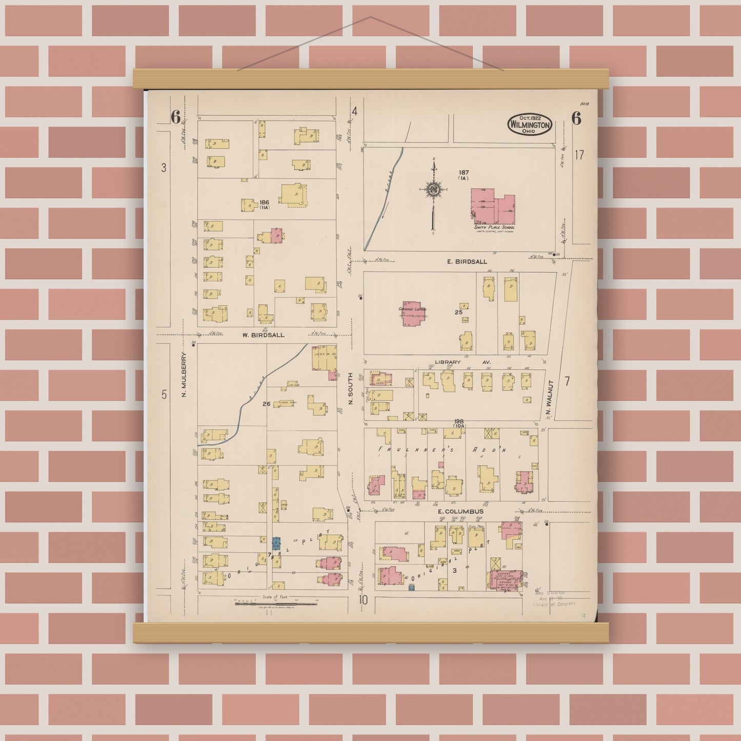 Old map wall art mockup — magnetic wood frame on brick wall — Sanborn Fire Insurance Map from Wilmington, Clinton County, Ohio (1922), Sheet #0006