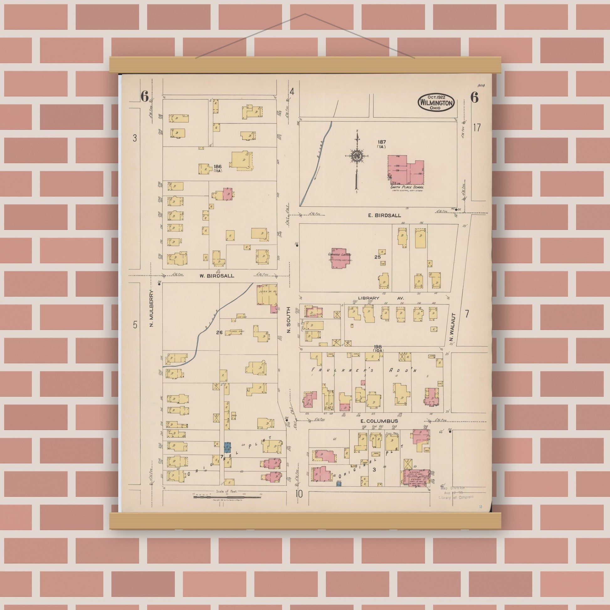 Old map wall art mockup — magnetic wood frame on brick wall — Sanborn Fire Insurance Map from Wilmington, Clinton County, Ohio (1922), Sheet #0006