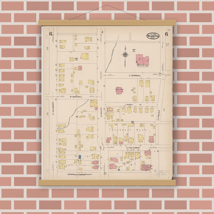 Old map wall art mockup — magnetic wood frame on brick wall — Sanborn Fire Insurance Map from Wilmington, Clinton County, Ohio (1922), Sheet #0006