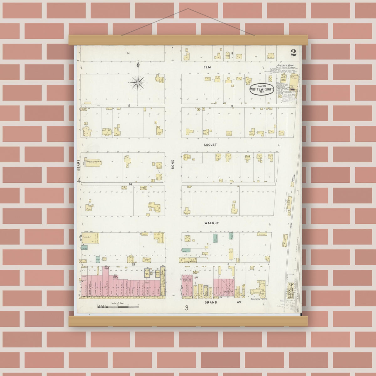 Old map wall art mockup — magnetic wood frame on brick wall — Sanborn Fire Insurance Map from Whitewright, Grayson County, Texas (1896), Sheet #0002
