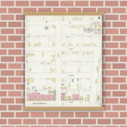Old map wall art mockup — magnetic wood frame on brick wall — Sanborn Fire Insurance Map from Whitewright, Grayson County, Texas (1896), Sheet #0002