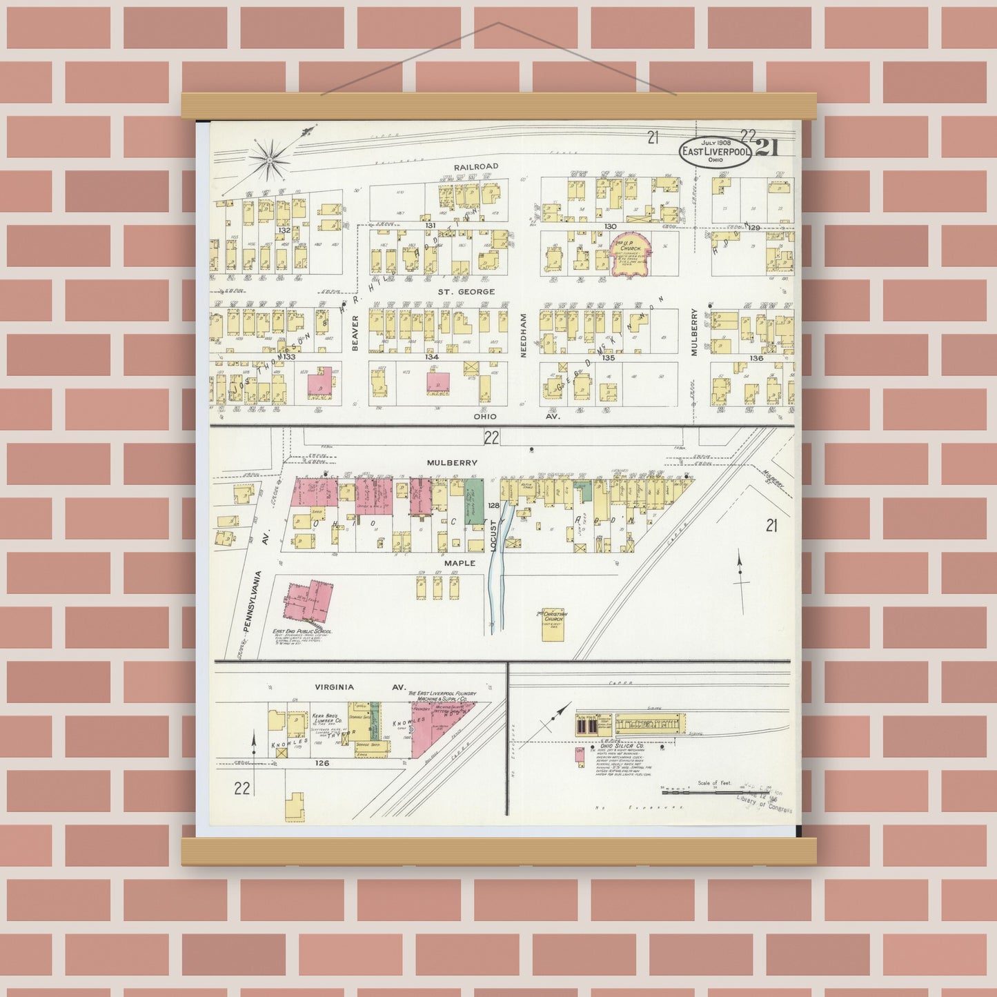 Old map wall art mockup — magnetic wood frame on brick wall — Sanborn Fire Insurance Map from East Liverpool, Columbiana County, Ohio (1908), Sheet #0021