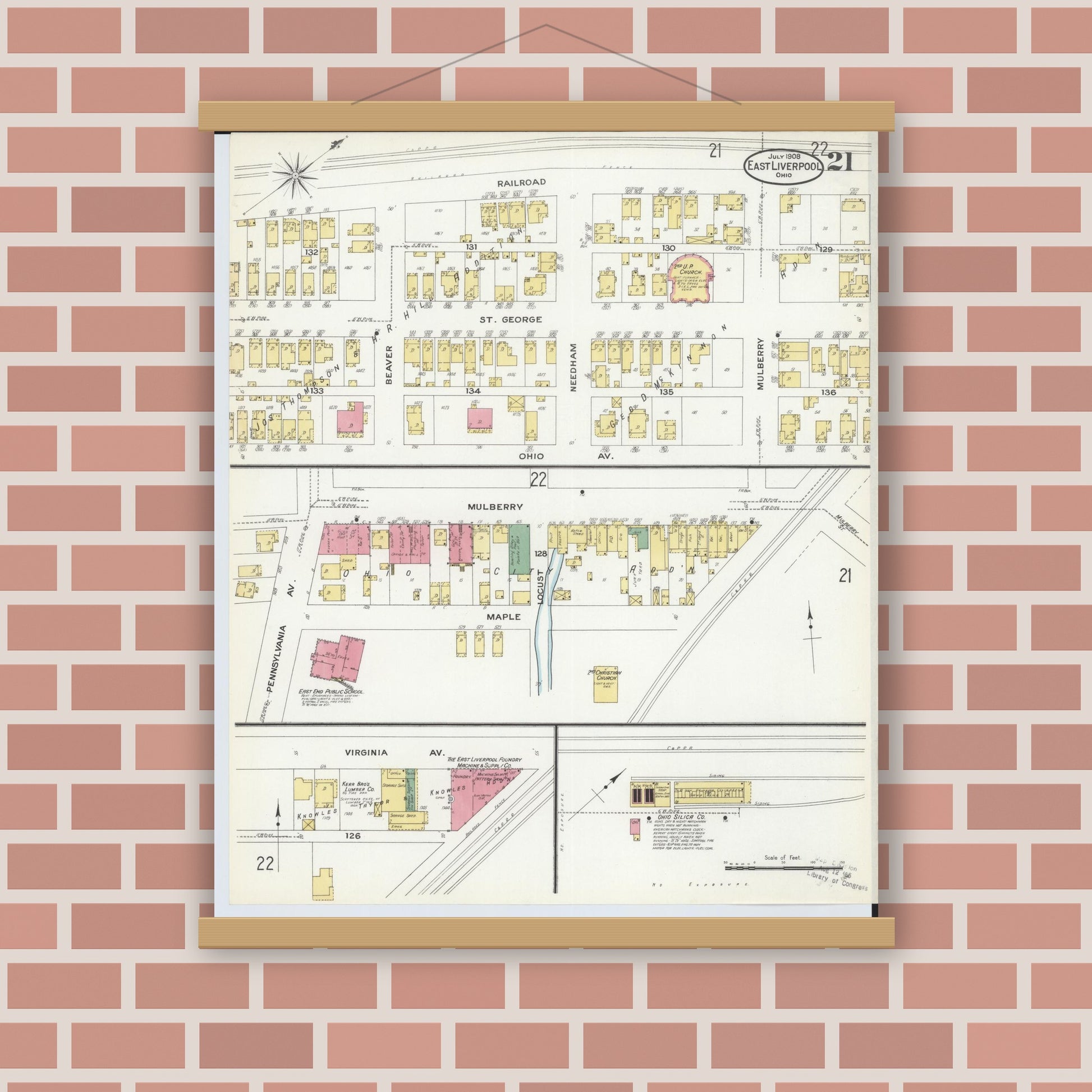 Old map wall art mockup — magnetic wood frame on brick wall — Sanborn Fire Insurance Map from East Liverpool, Columbiana County, Ohio (1908), Sheet #0021