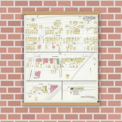 Old map wall art mockup — magnetic wood frame on brick wall — Sanborn Fire Insurance Map from East Liverpool, Columbiana County, Ohio (1908), Sheet #0021