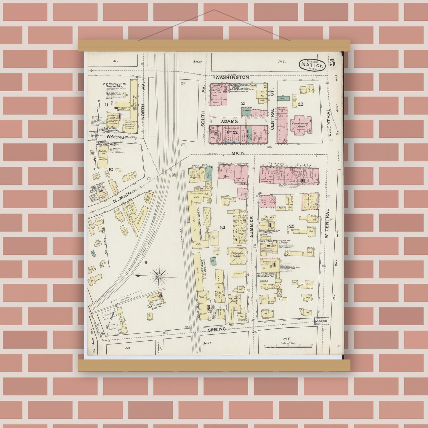 Old map wall art mockup — magnetic wood frame on brick wall — Sanborn Fire Insurance Map from Natick, Middlesex County, Massachusetts (1888), Sheet #0005
