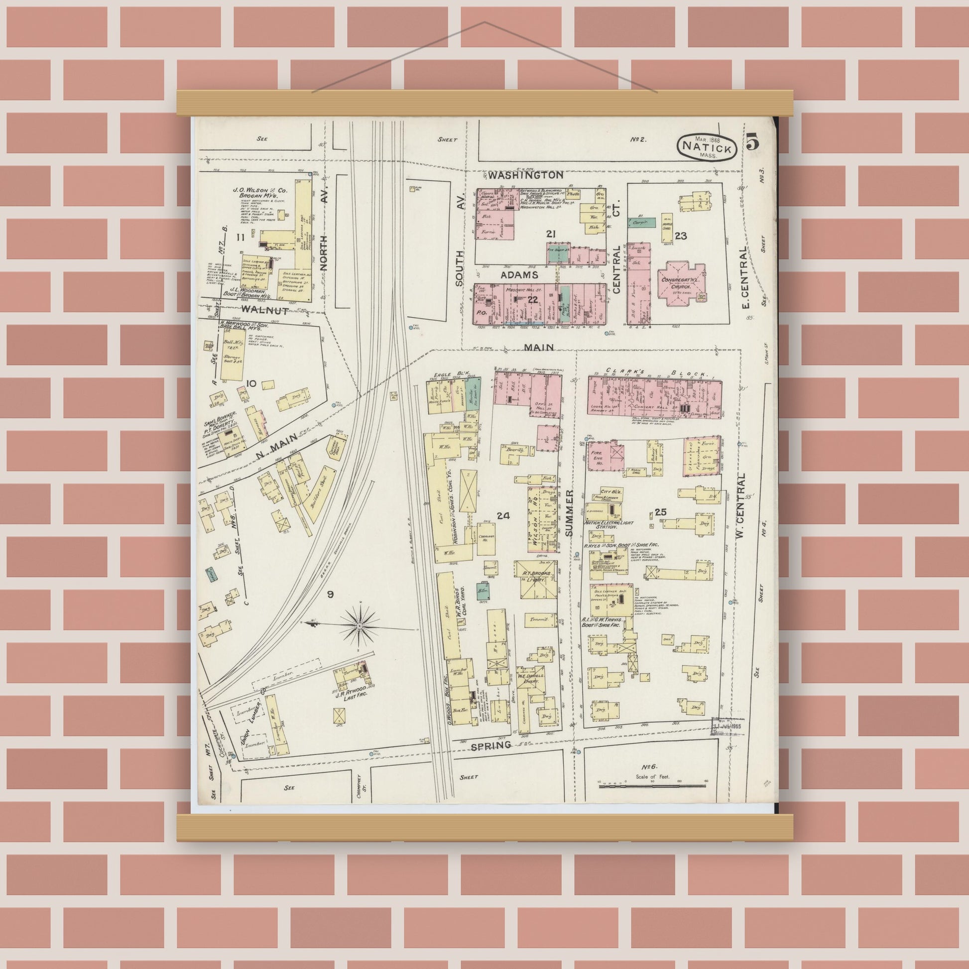 Old map wall art mockup — magnetic wood frame on brick wall — Sanborn Fire Insurance Map from Natick, Middlesex County, Massachusetts (1888), Sheet #0005
