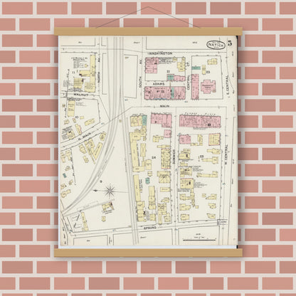 Old map wall art mockup — magnetic wood frame on brick wall — Sanborn Fire Insurance Map from Natick, Middlesex County, Massachusetts (1888), Sheet #0005