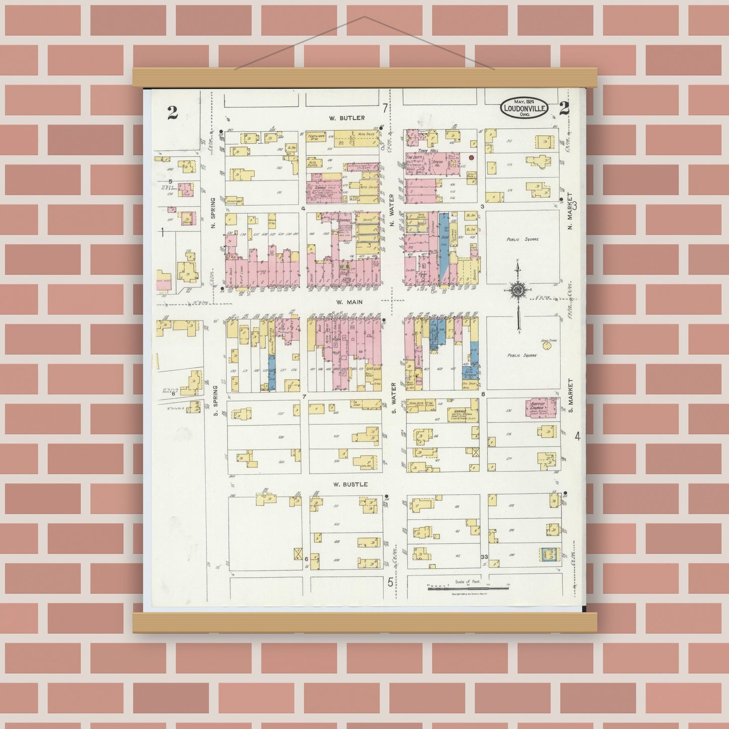 Old map wall art mockup — magnetic wood frame on brick wall — Sanborn Fire Insurance Map from Loudonville, Ashland County, Ohio (1924), Sheet #0002