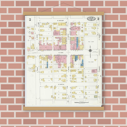 Old map wall art mockup — magnetic wood frame on brick wall — Sanborn Fire Insurance Map from Loudonville, Ashland County, Ohio (1924), Sheet #0002