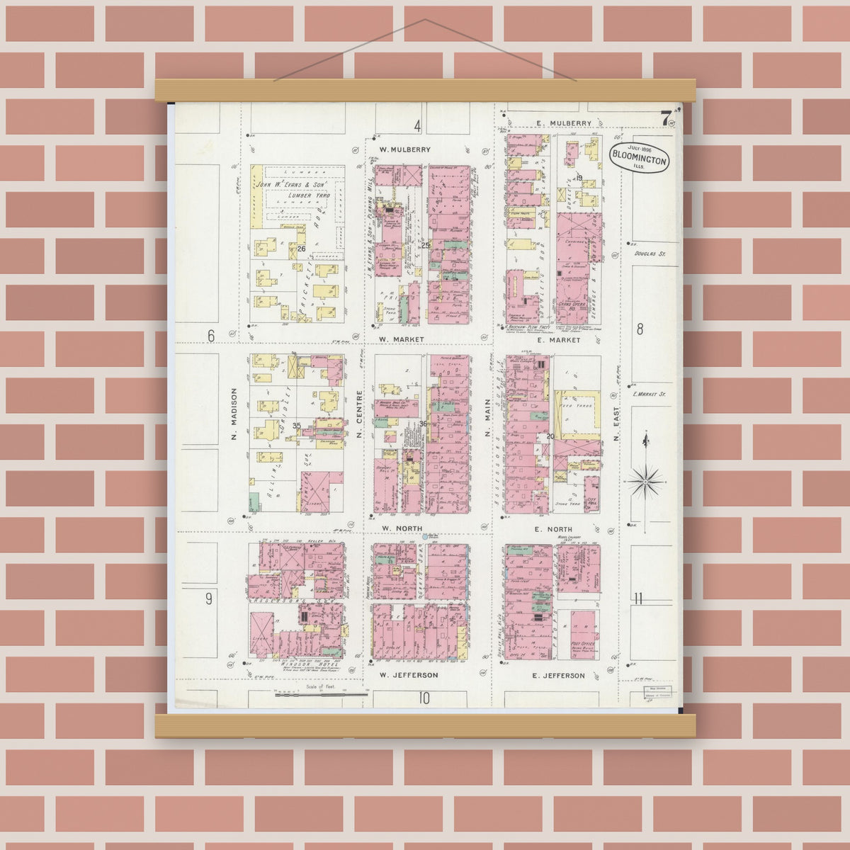 Old map wall art mockup — magnetic wood frame on brick wall — Sanborn Fire Insurance Map from Bloomington, McLean County, Illinois (1896), Sheet #0007