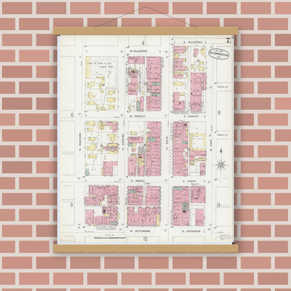 Old map wall art mockup — magnetic wood frame on brick wall — Sanborn Fire Insurance Map from Bloomington, McLean County, Illinois (1896), Sheet #0007