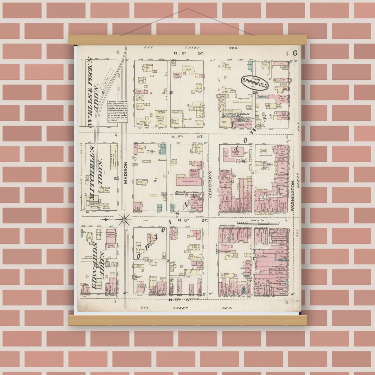 Old map wall art mockup — magnetic wood frame on brick wall — Sanborn Fire Insurance Map from Springfield, Sangamon County, Illinois (1884), Sheet #0006