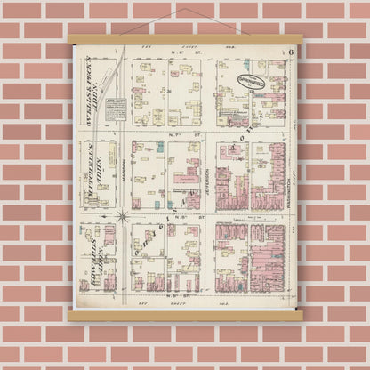 Old map wall art mockup — magnetic wood frame on brick wall — Sanborn Fire Insurance Map from Springfield, Sangamon County, Illinois (1884), Sheet #0006