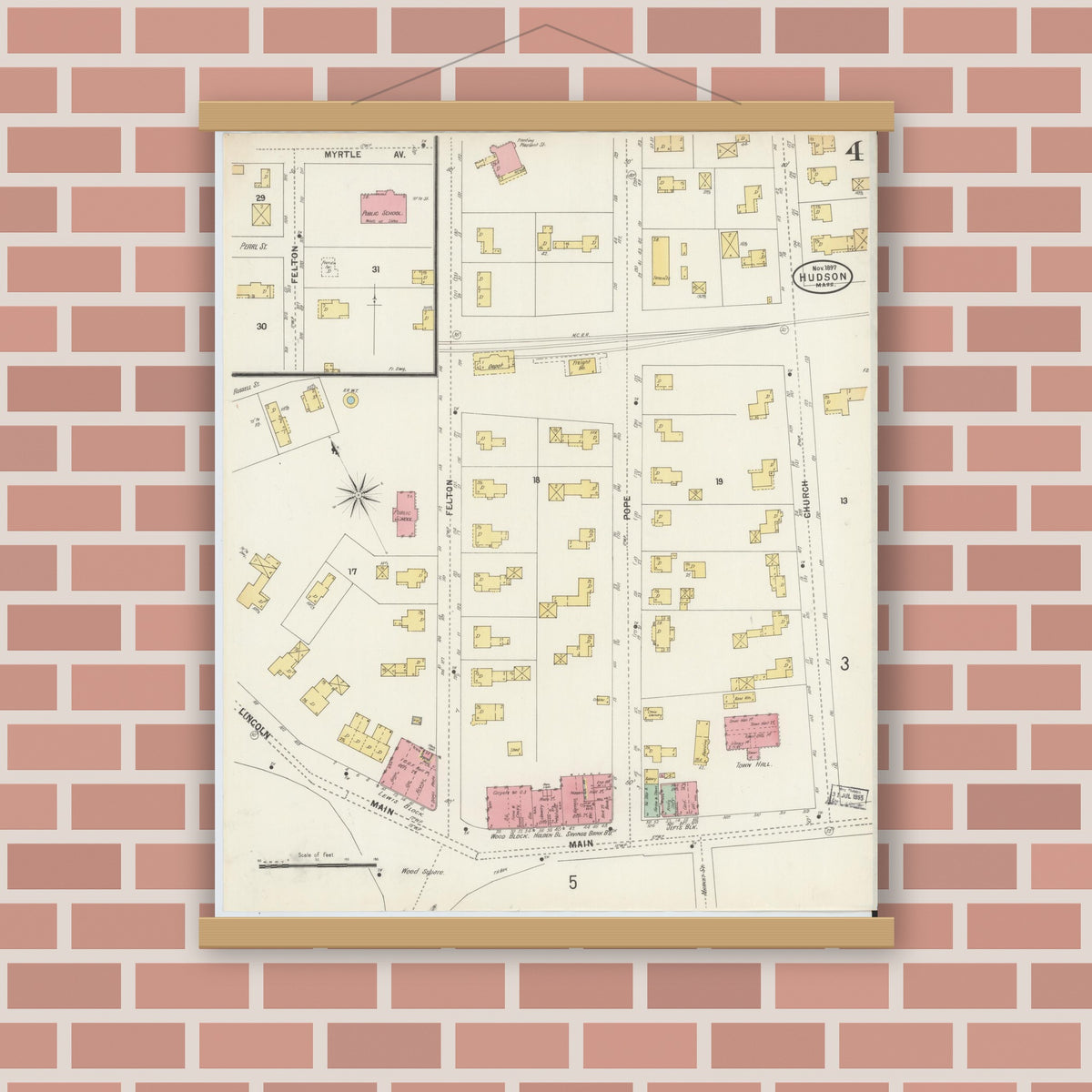 Old map wall art mockup — magnetic wood frame on brick wall — Sanborn Fire Insurance Map from Hudson, Middlesex County, Massachusetts (1897), Sheet #0004