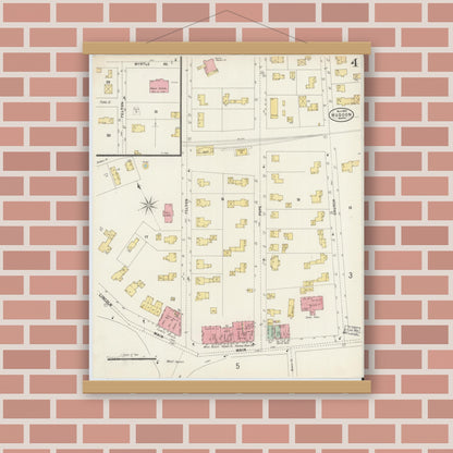 Old map wall art mockup — magnetic wood frame on brick wall — Sanborn Fire Insurance Map from Hudson, Middlesex County, Massachusetts (1897), Sheet #0004