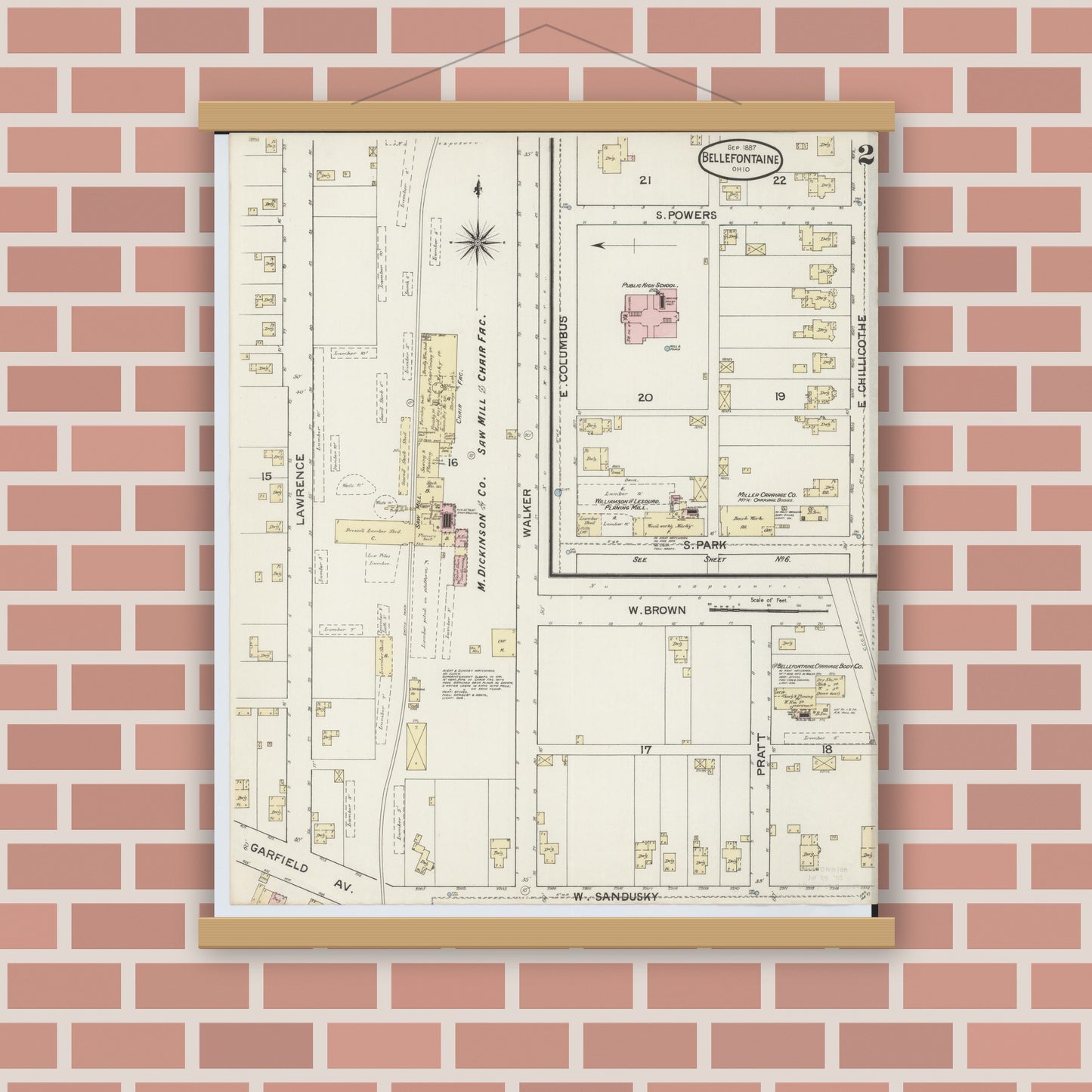 Old map wall art mockup — magnetic wood frame on brick wall — Sanborn Fire Insurance Map from Bellefontaine, Logan County, Ohio (1887), Sheet #0002
