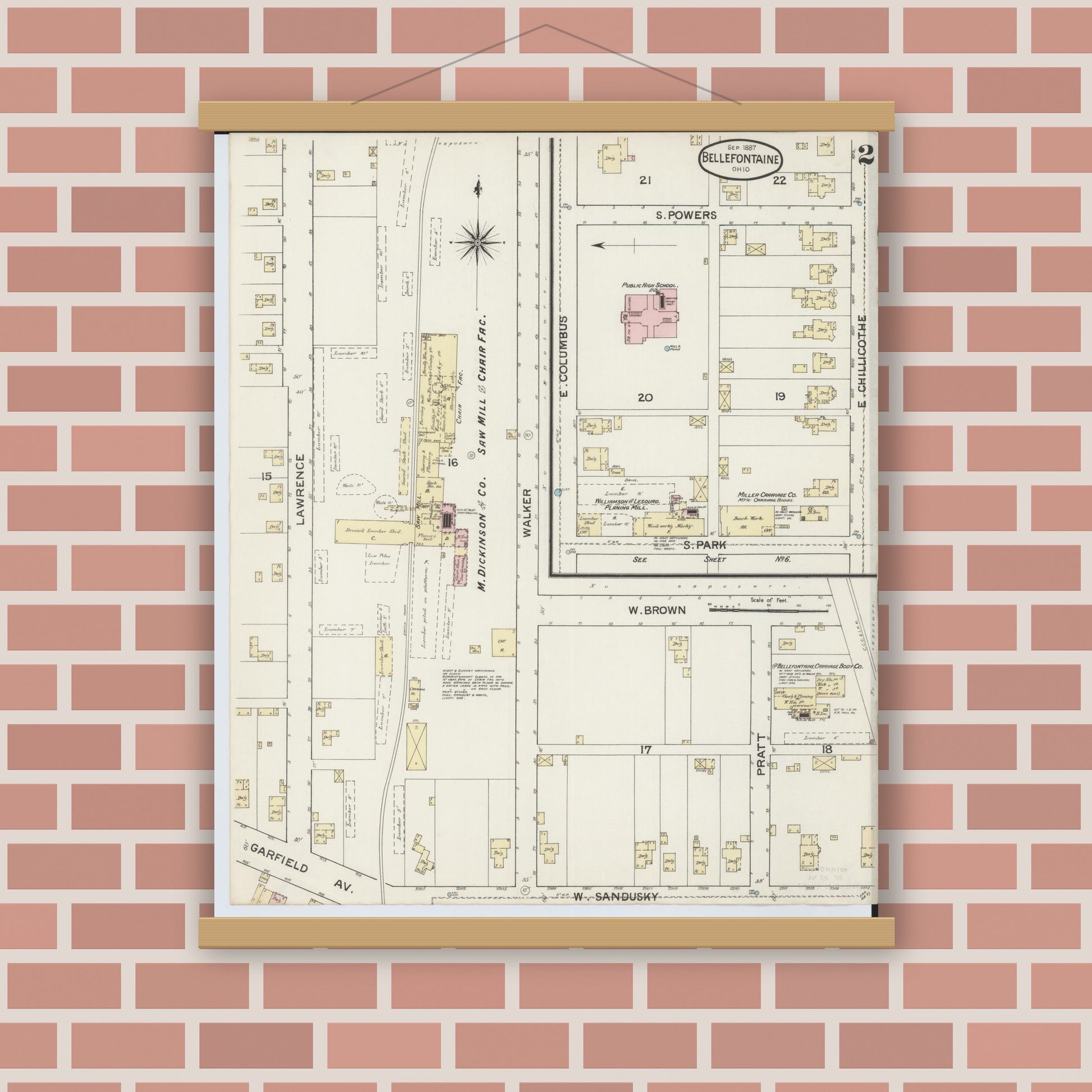Old map wall art mockup — magnetic wood frame on brick wall — Sanborn Fire Insurance Map from Bellefontaine, Logan County, Ohio (1887), Sheet #0002