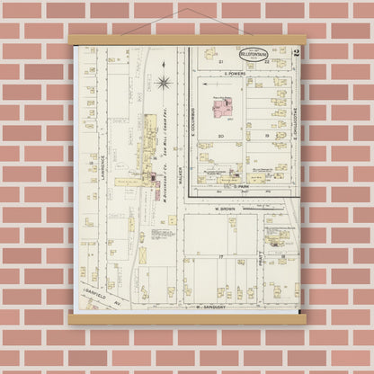 Old map wall art mockup — magnetic wood frame on brick wall — Sanborn Fire Insurance Map from Bellefontaine, Logan County, Ohio (1887), Sheet #0002