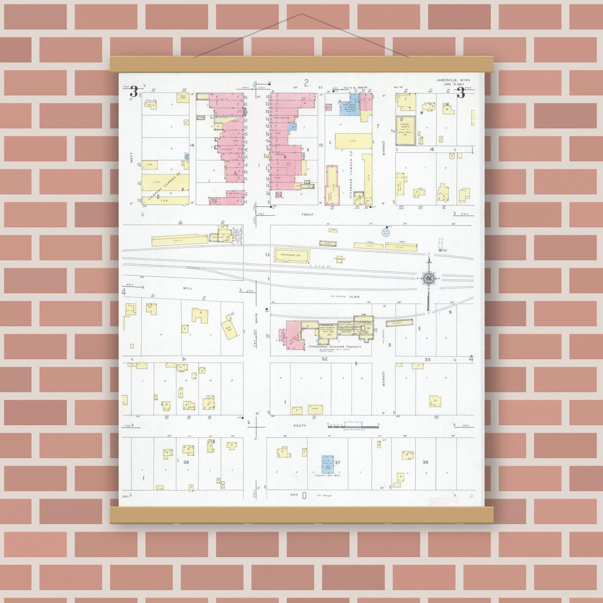 Old map wall art mockup — magnetic wood frame on brick wall — Sanborn Fire Insurance Map from Janesville, Waseca County, Minnesota (1947), Sheet #0003
