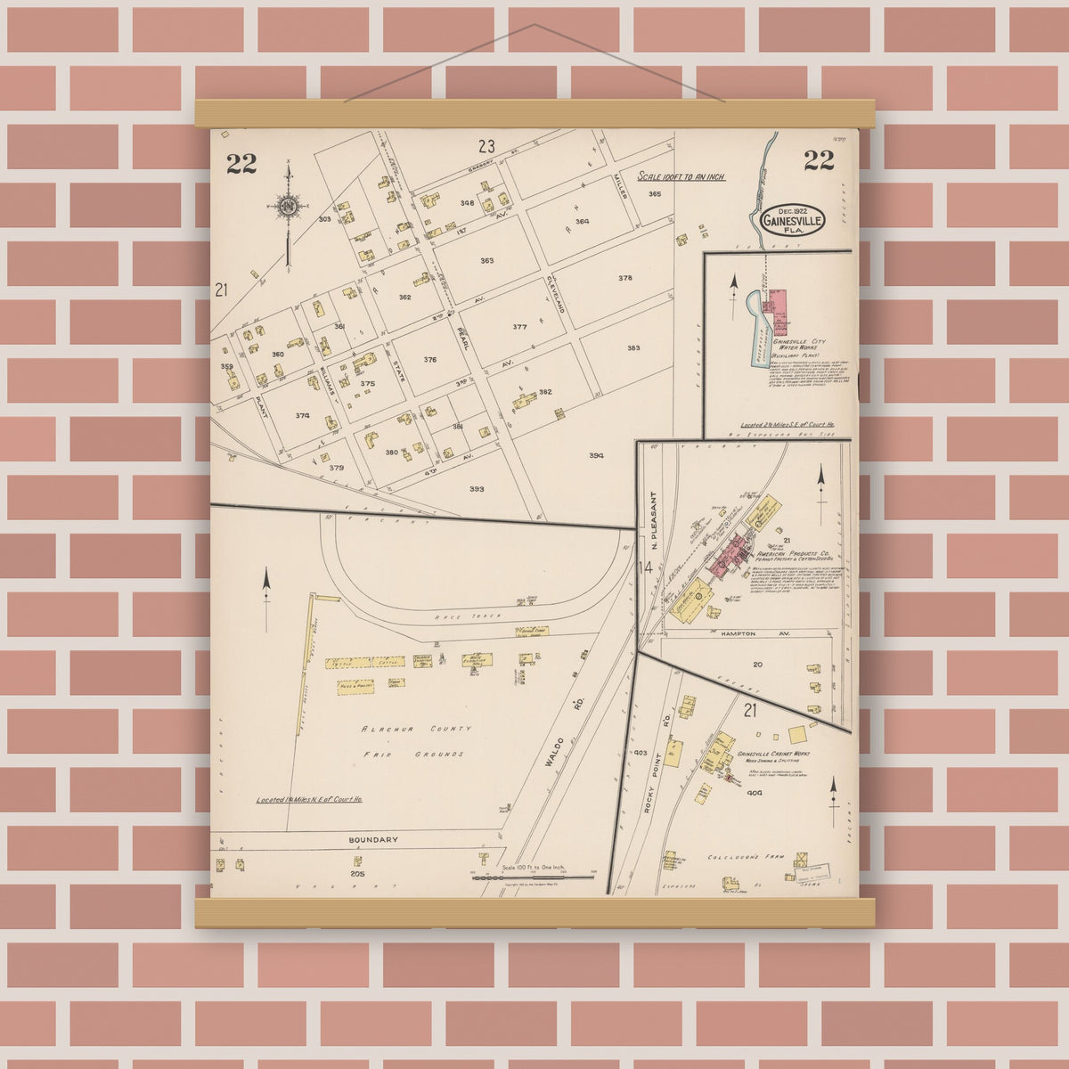 Old map wall art mockup — magnetic wood frame on brick wall — Sanborn Fire Insurance Map from Gainesville, Alachua County, Florida (1922), Sheet #0022