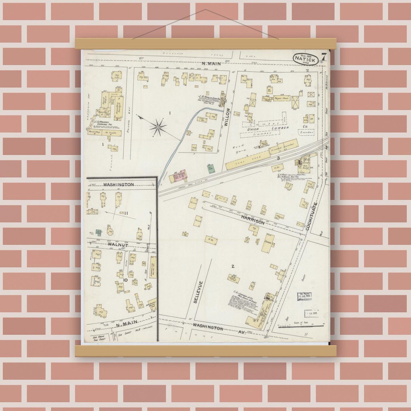 Old map wall art mockup — magnetic wood frame on brick wall — Sanborn Fire Insurance Map from Natick, Middlesex County, Massachusetts (1888), Sheet #0007