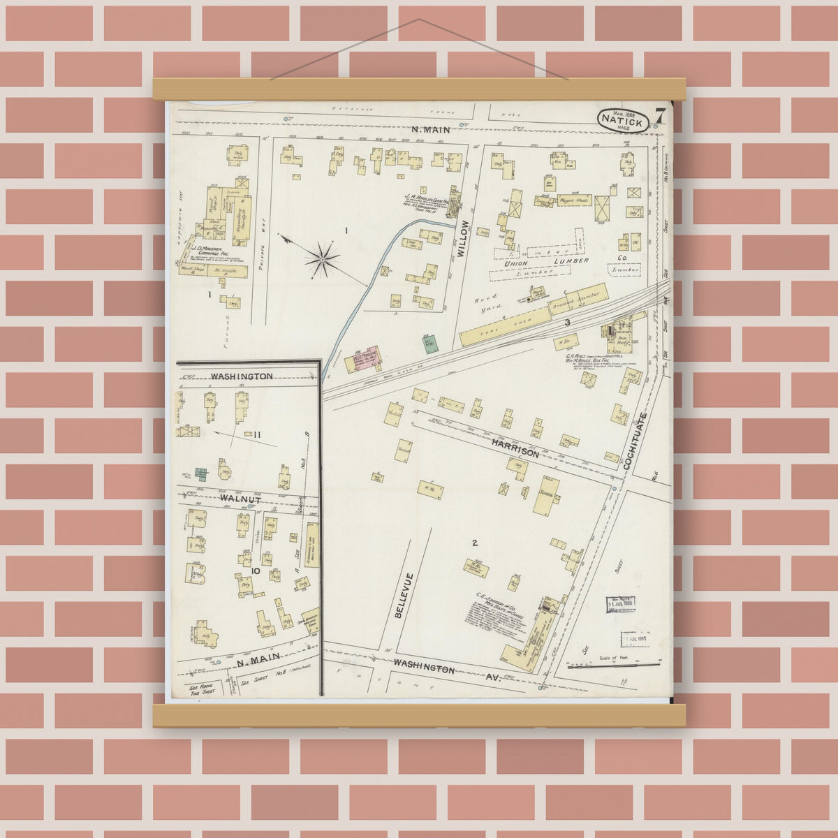 Old map wall art mockup — magnetic wood frame on brick wall — Sanborn Fire Insurance Map from Natick, Middlesex County, Massachusetts (1888), Sheet #0007
