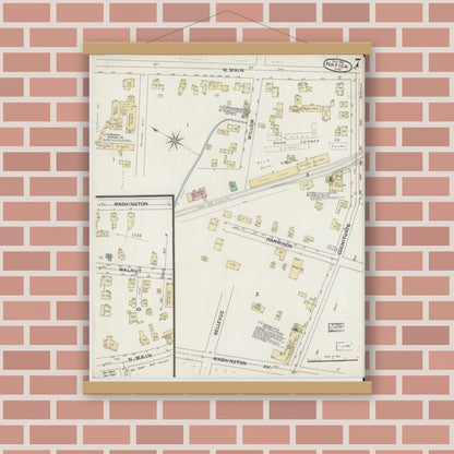 Old map wall art mockup — magnetic wood frame on brick wall — Sanborn Fire Insurance Map from Natick, Middlesex County, Massachusetts (1888), Sheet #0007