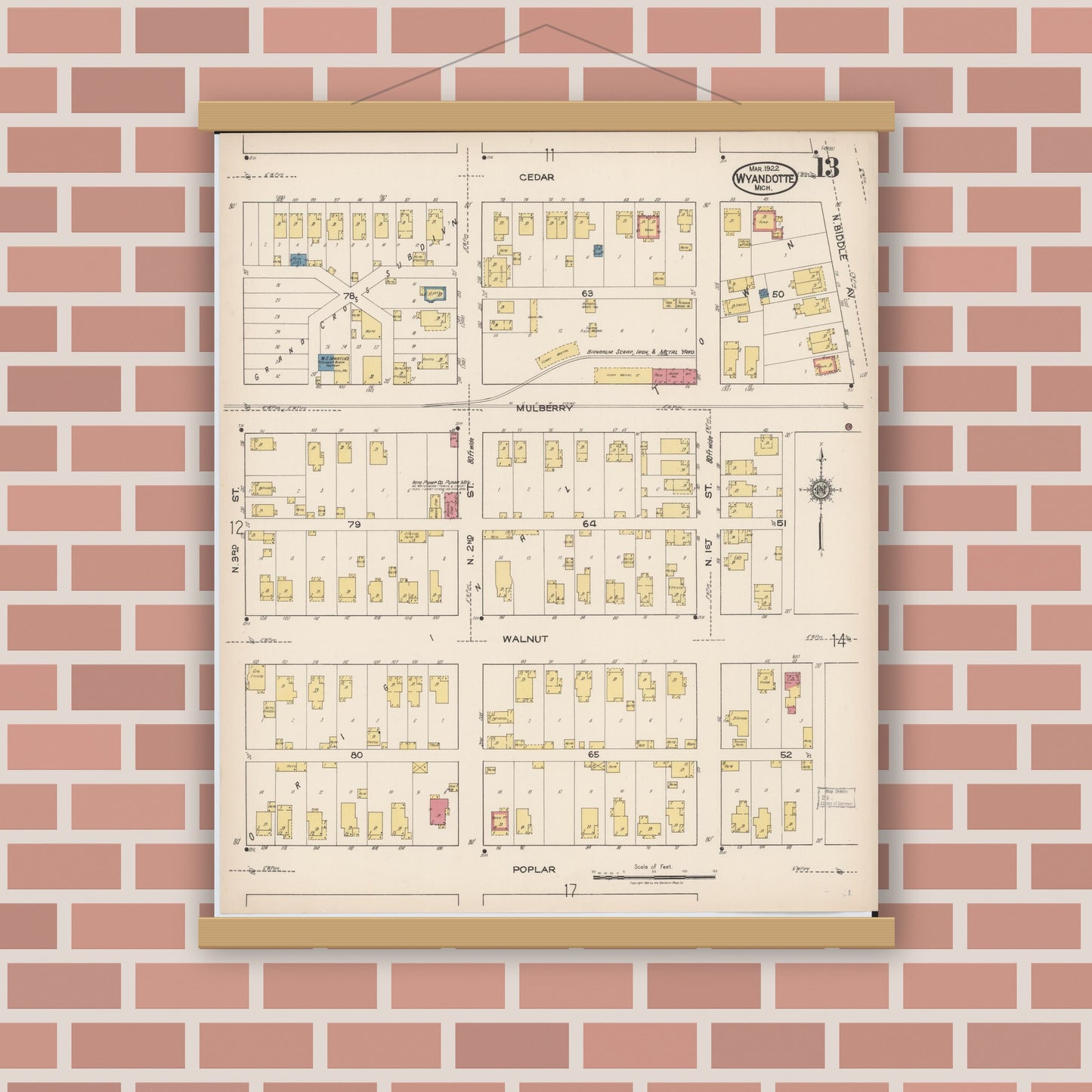 Old map wall art mockup — magnetic wood frame on brick wall — Sanborn Fire Insurance Map from Wyandotte, Wayne County, Michigan (1922), Sheet #0013