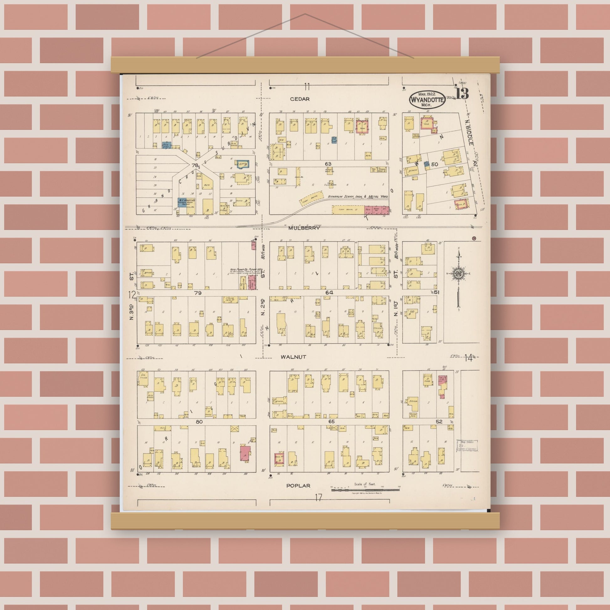 Old map wall art mockup — magnetic wood frame on brick wall — Sanborn Fire Insurance Map from Wyandotte, Wayne County, Michigan (1922), Sheet #0013