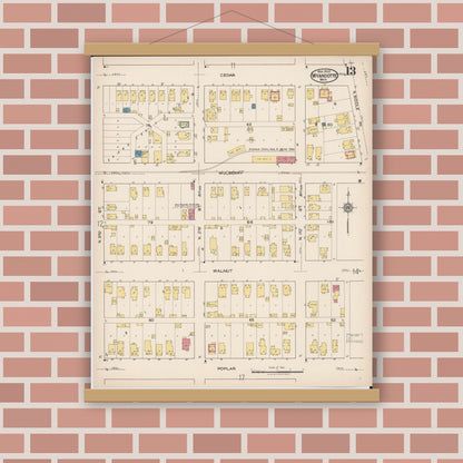 Old map wall art mockup — magnetic wood frame on brick wall — Sanborn Fire Insurance Map from Wyandotte, Wayne County, Michigan (1922), Sheet #0013