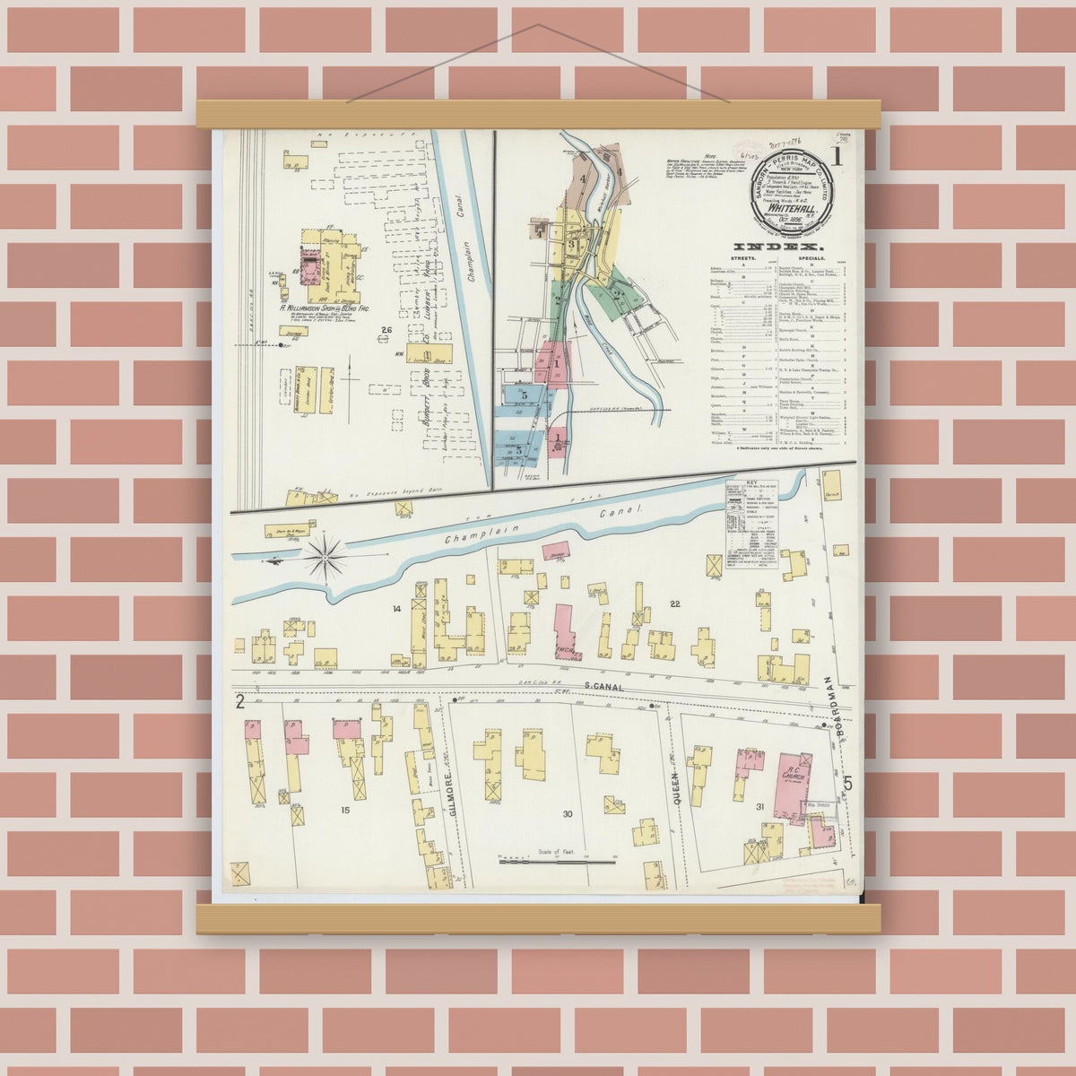 Old map wall art mockup — magnetic wood frame on brick wall — Sanborn Fire Insurance Map from Whitehall, Washington County, New York (1896) - Complete Map Set