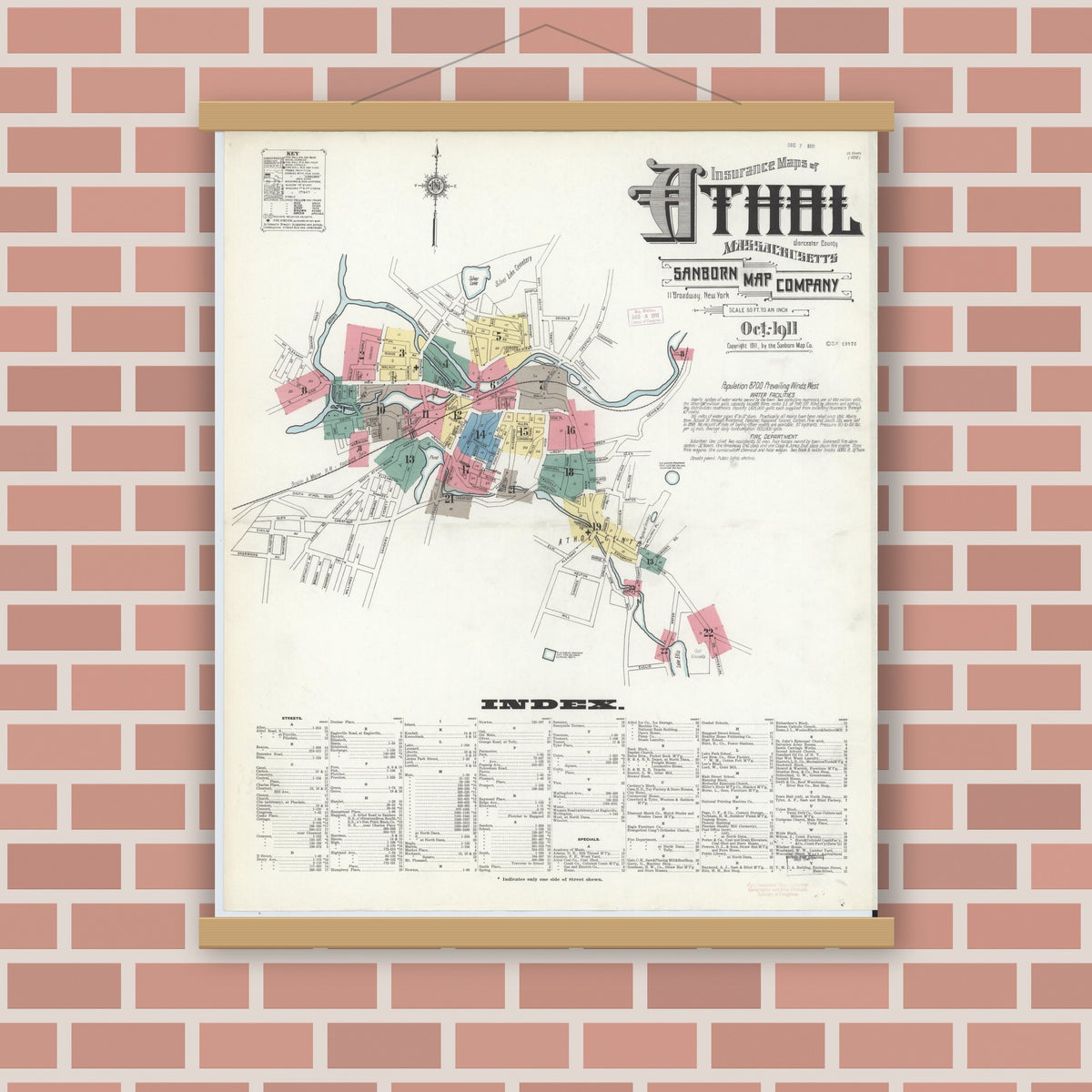 Old map wall art mockup — magnetic wood frame on brick wall — Sanborn Fire Insurance Map from Athol, Worcester County, Massachusetts (1911) - Complete Map Set