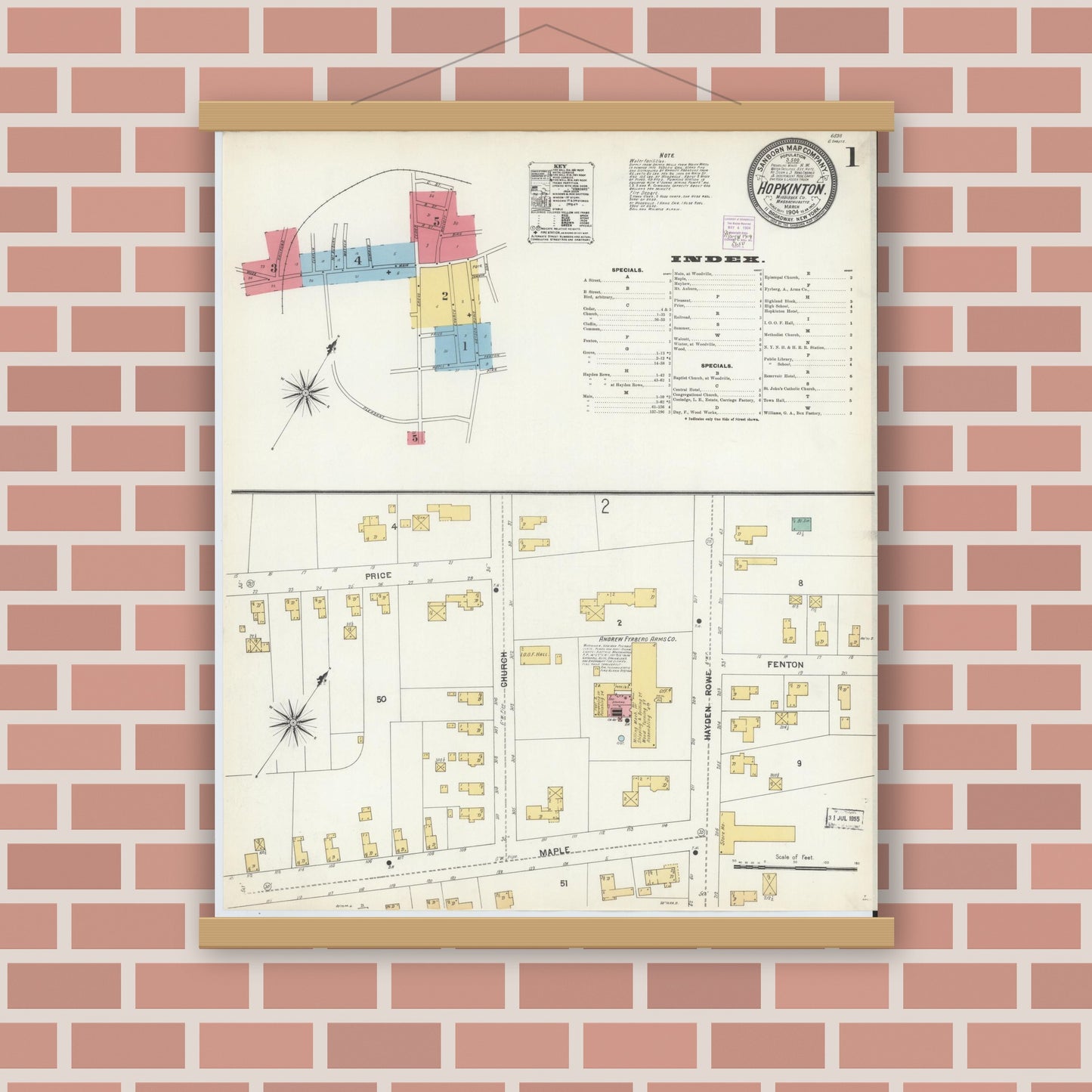 Old map wall art mockup — magnetic wood frame on brick wall — Sanborn Fire Insurance Map from Hopkinton, Middlesex County, Massachusetts (1904) - Complete Map Set