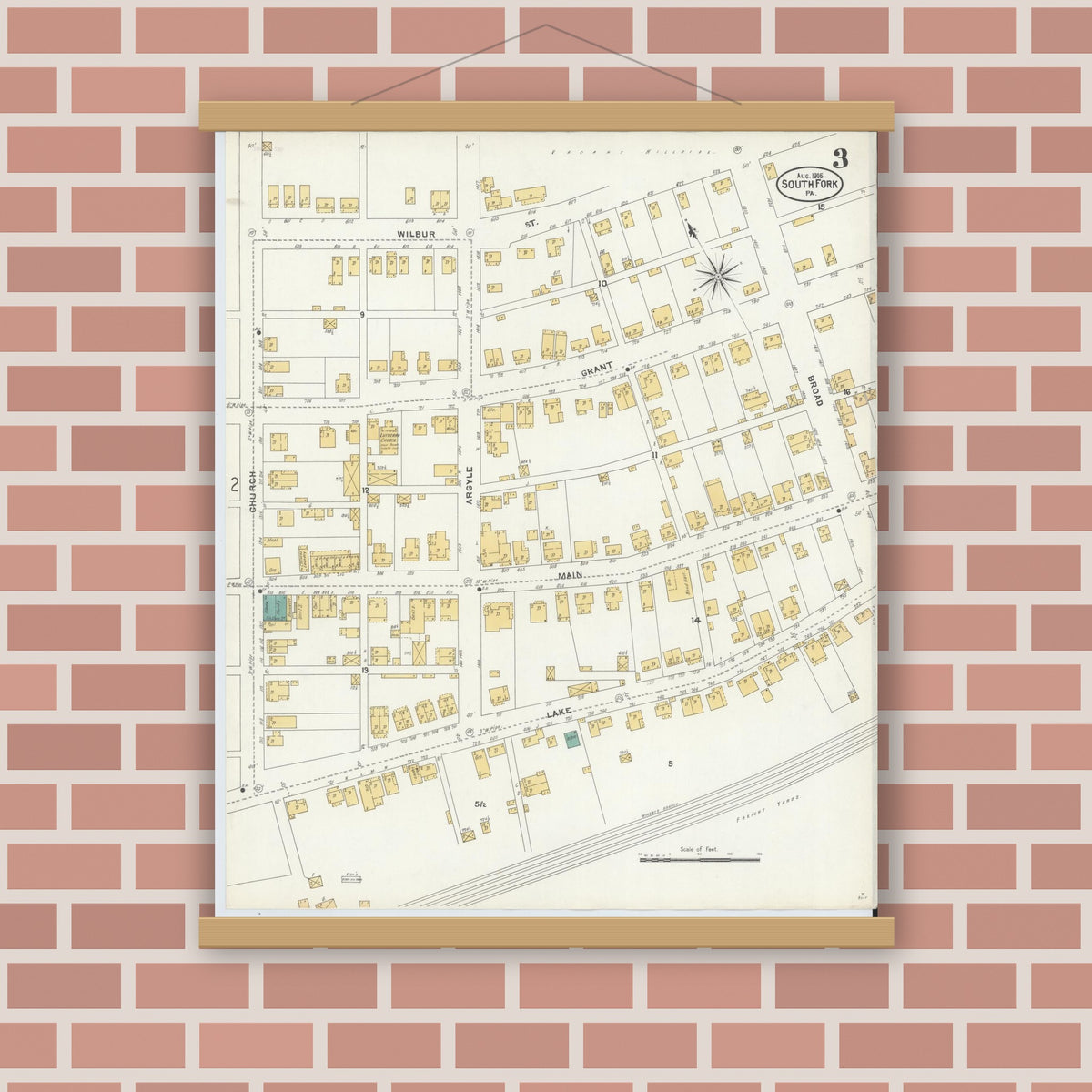 Old map wall art mockup — magnetic wood frame on brick wall — Sanborn Fire Insurance Map from South Fork, Cambria County, Pennsylvania (1905), Sheet #0003