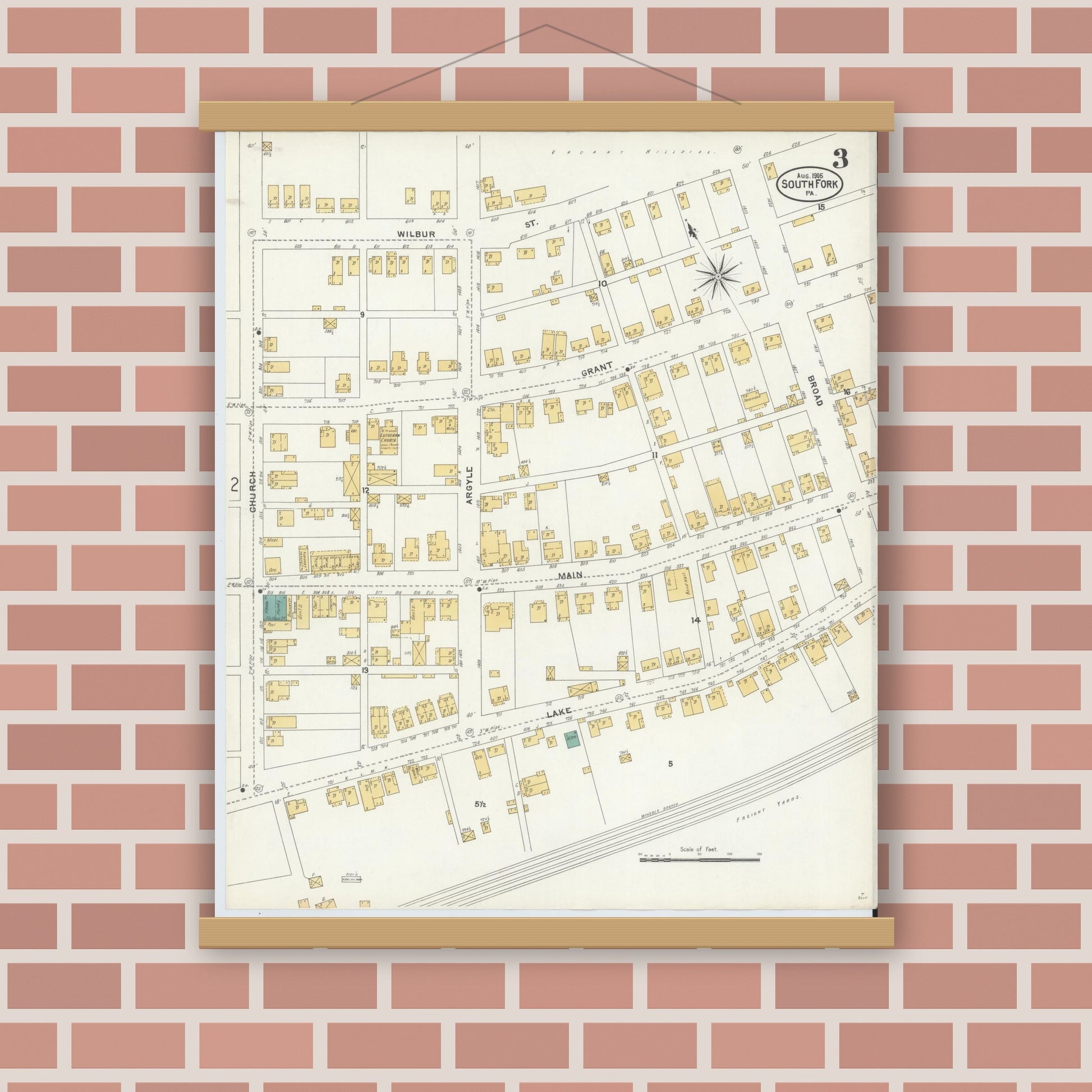 Old map wall art mockup — magnetic wood frame on brick wall — Sanborn Fire Insurance Map from South Fork, Cambria County, Pennsylvania (1905), Sheet #0003