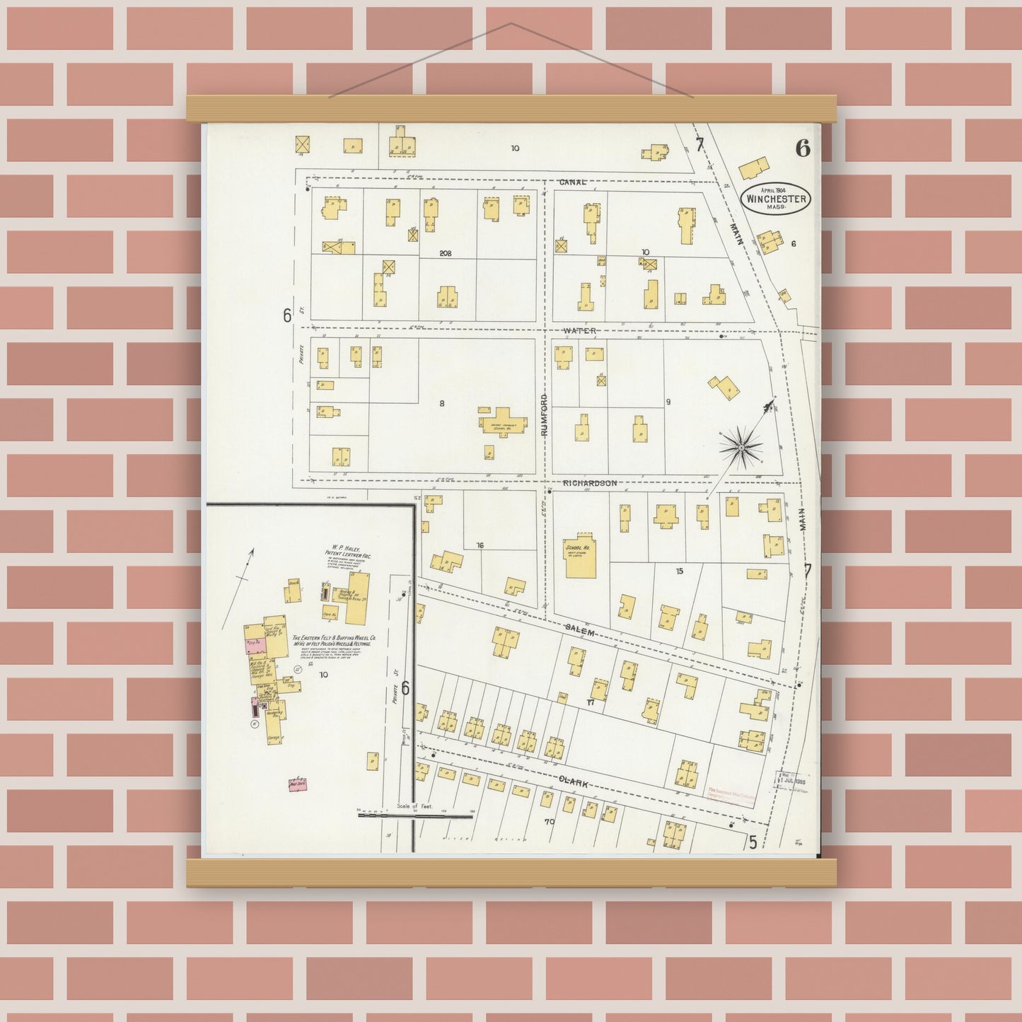 Old map wall art mockup — magnetic wood frame on brick wall — Sanborn Fire Insurance Map from Winchester, Middlesex County, Massachusetts (1904), Sheet #0006