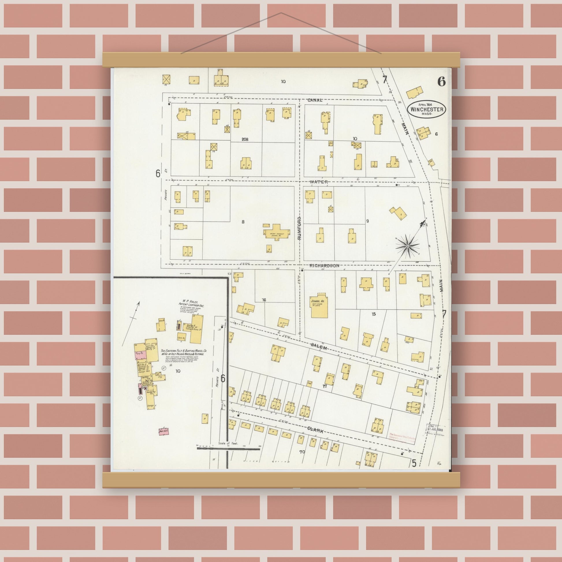 Old map wall art mockup — magnetic wood frame on brick wall — Sanborn Fire Insurance Map from Winchester, Middlesex County, Massachusetts (1904), Sheet #0006